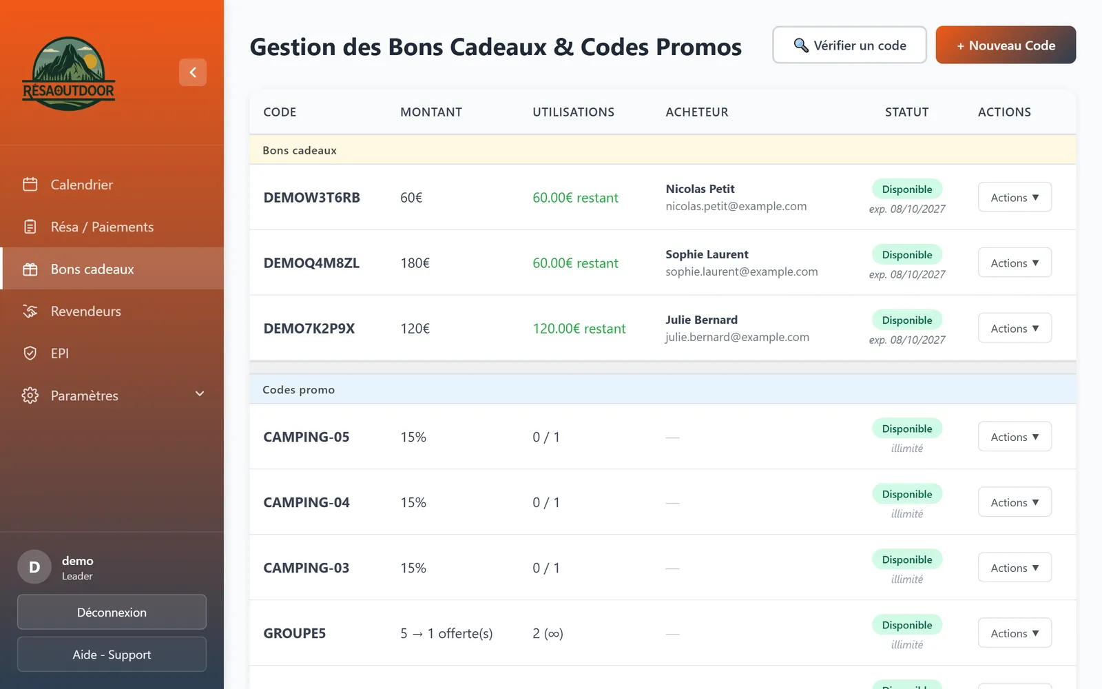 Liste des bons cadeaux et des codes promo