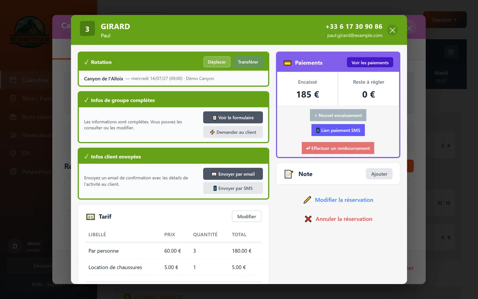 Fiche d'une réservation avec les paiements et le tarif