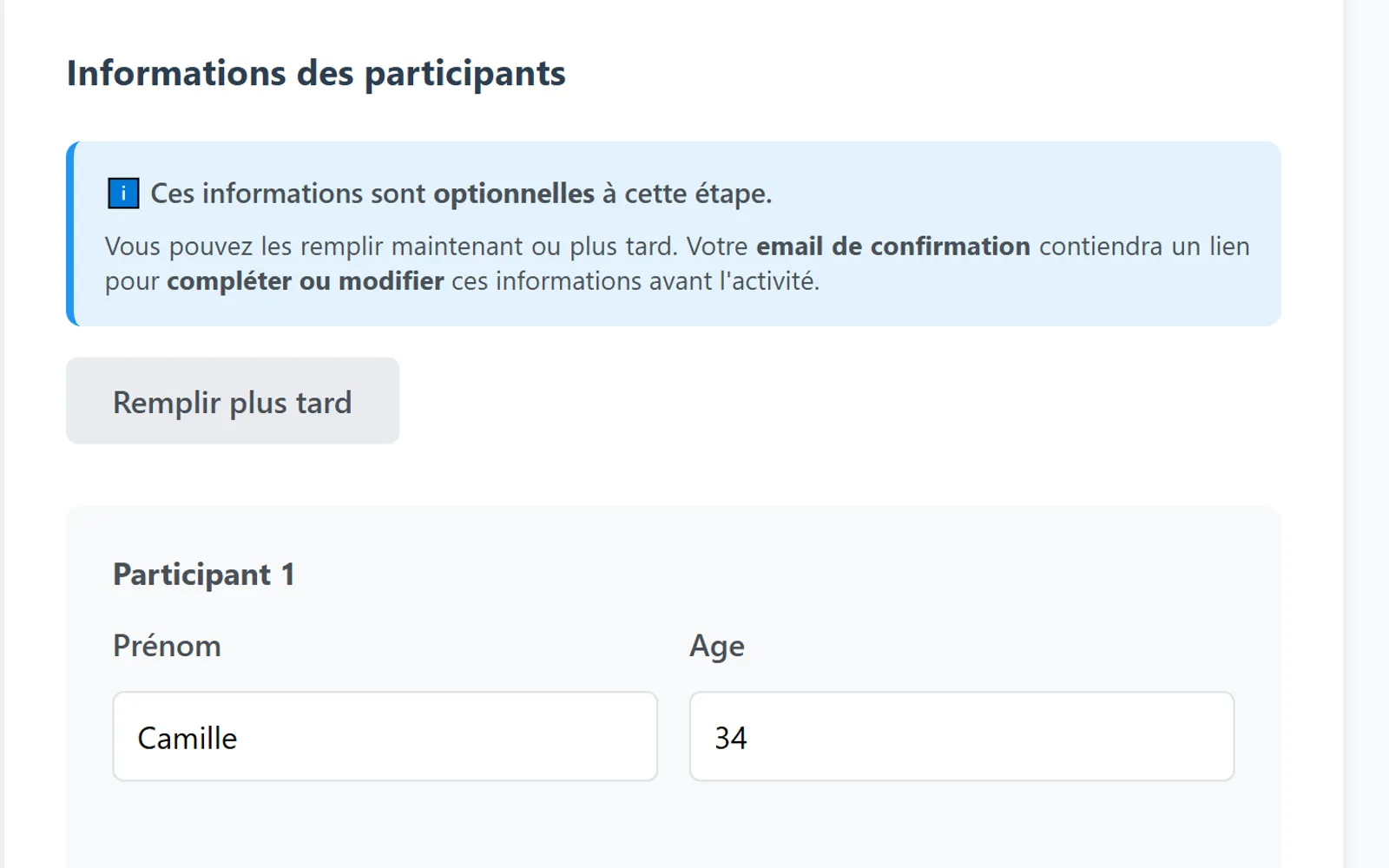Formulaire des participants : prénom, âge, taille et poids