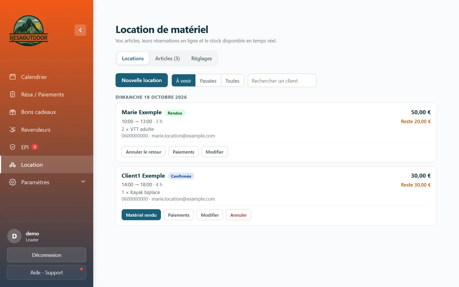 Liste des locations de matériel avec les paiements et les retours