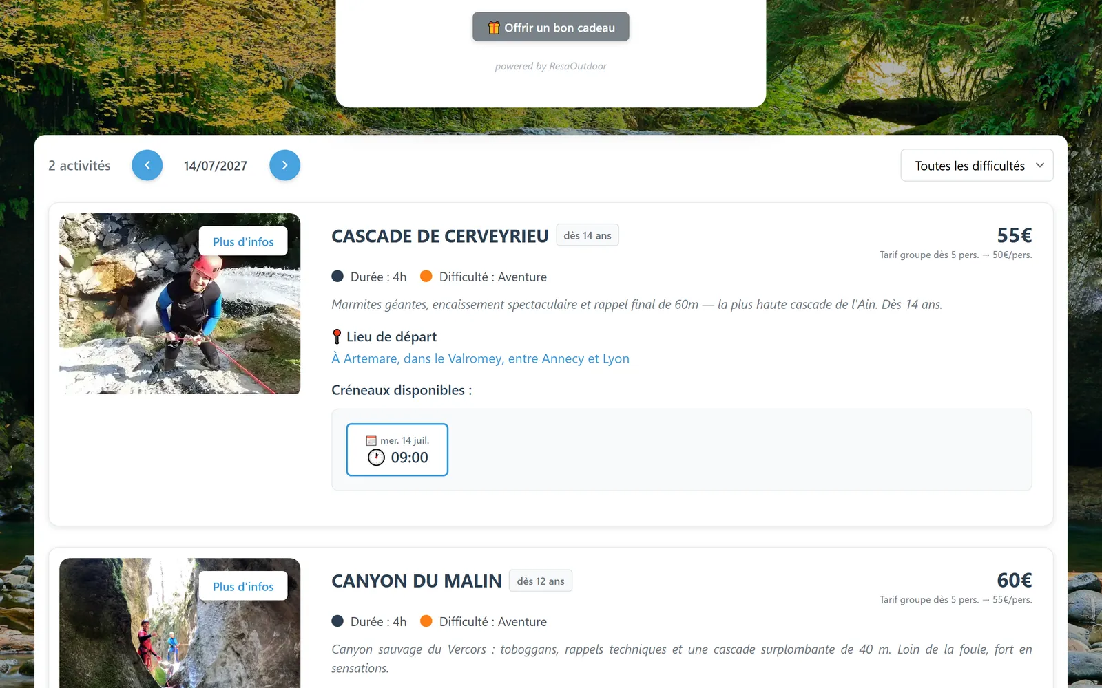 Module de réservation : activités disponibles à la date choisie