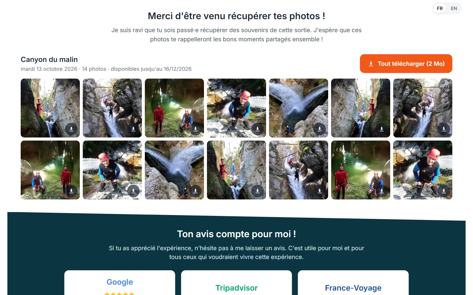 Galerie des photos d'une sortie, vue par le client