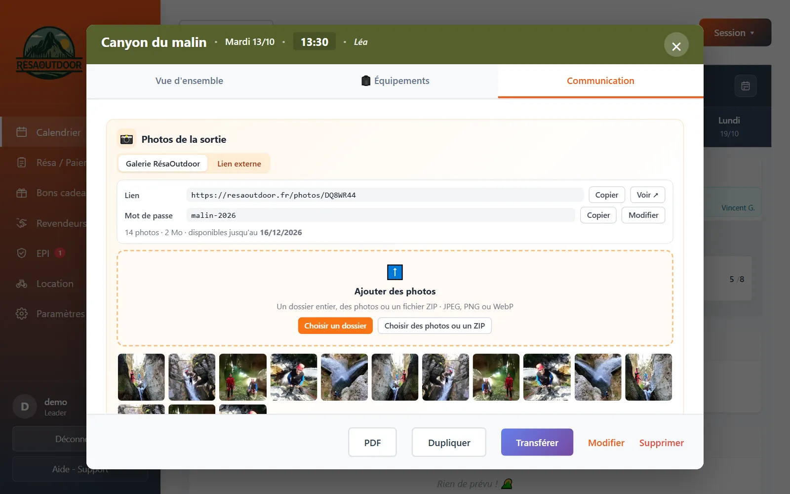 Dépôt des photos d'une sortie depuis la fiche de la session